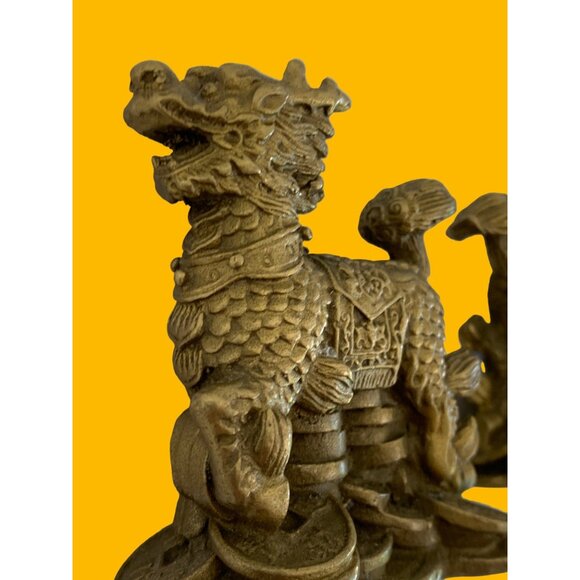 VTG Brass FengShui Foo Dogs Pair Dragon Figures Pi Xiu Figurines Lucky 3" 7892 - Picture 9 of 11